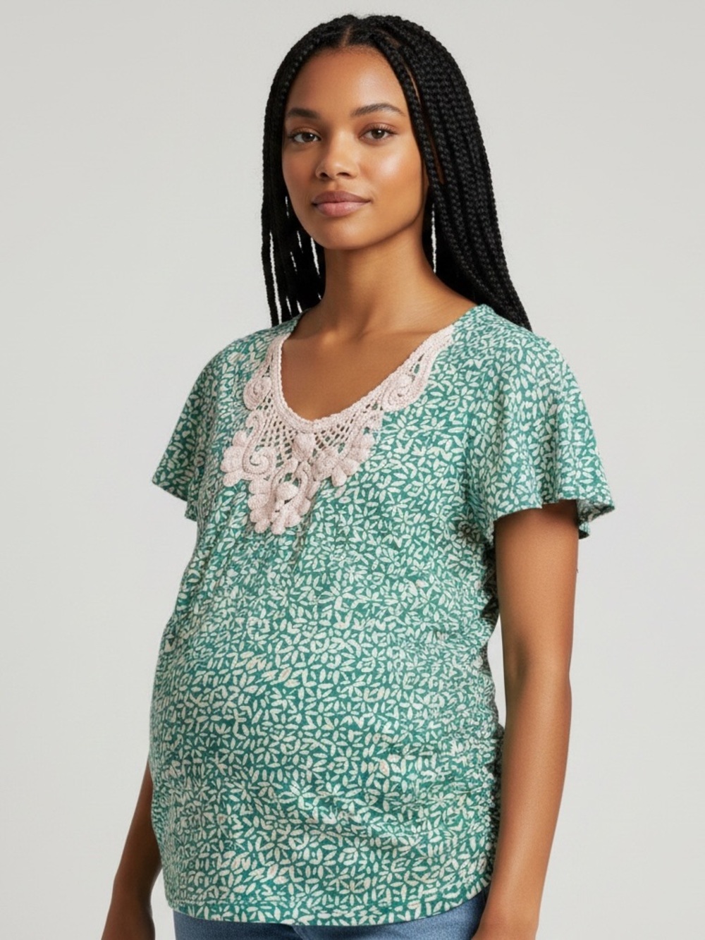 Maternity Merona M Green Floral Crochet Bid Neckline Flutter Sleeve Top